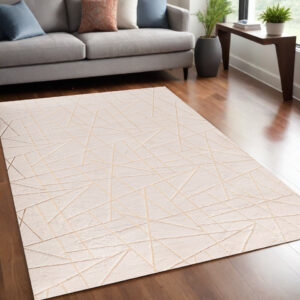 5' X 7' Beige and Gold Faux Fur Abstract Geometric Washable Non Skid Area Rug