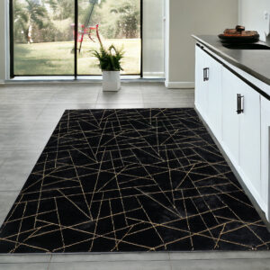 4' X 6' Black and Gold Faux Fur Abstract Shag Non Skid Area Rug