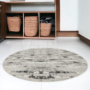 4' Black and Off White Round Abstract Washable Non Skid Area Rug