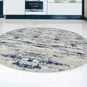 7' Blue and Ivory Round Abstract Washable Non Skid Area Rug