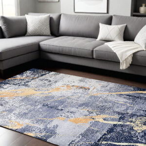6' X 9' Blue and Yellow Abstract Shag Printed Washable Non Skid Area Rug