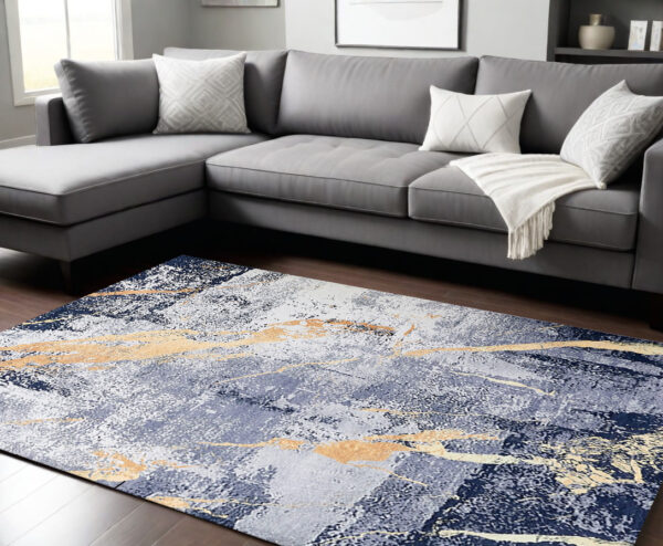 8' X 11' Blue and Yellow Abstract Shag Printed Washable Non Skid Area Rug