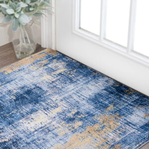 2' X 3' Blue and Gold Abstract Printed Washable Non Skid Area Rug