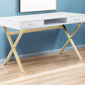 47" White and Gold Wood and Metal Computer Desk With Two Drawers