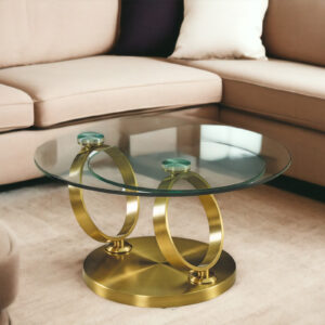 32" Clear And Gold Glass And Metal Round Abstract Coffee Table