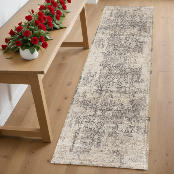 7' Gray Floral Runner Rug