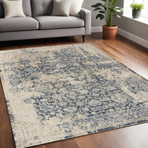 5' X 8' Blue and Ivory Floral Area Rug