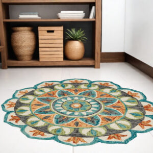 5' Blue and Ivory Round Wool Floral Hand Tufted Area Rug