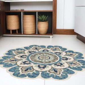5' Blue and Ivory Round Wool Floral Hand Tufted Area Rug