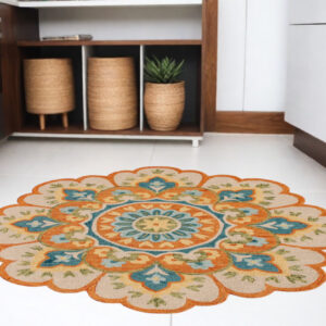 6' Orange and Blue Round Wool Floral Hand Tufted Area Rug