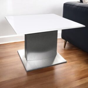 22" White And Silver Marble And Metal Square Pedestal End Table