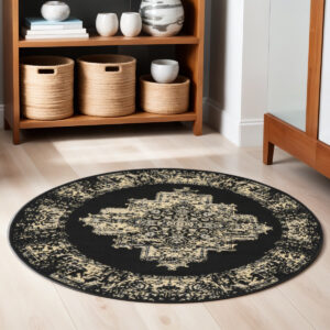 4' Black and Tan Medallion Distressed Non Skid Round Rug