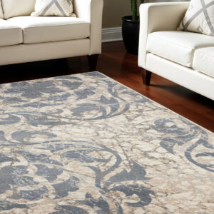 9' X 13' Ivory Blue and Slate Gray Floral Distressed Area Rug