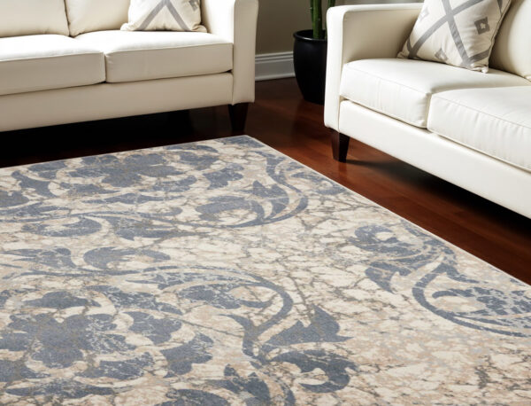9' X 13' Ivory Blue and Slate Gray Floral Distressed Area Rug