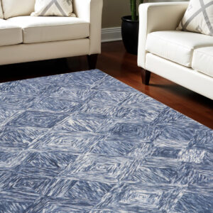 8' X 11' Denim Blue and Ivory Wool Geometric Area Rug