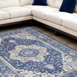 8' X 10' Ivory and Blue Medallion Distressed Non Skid Area Rug