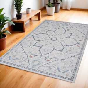 4' X 6' Ivory and Blue Floral Power Loom Area Rug