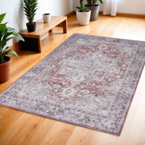4' X 6' Gray and Red Floral Medallion Power Loom Distressed Area Rug