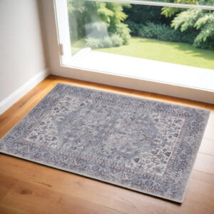 3' X 5' Blue and Beige Floral Power Loom Distressed Area Rug