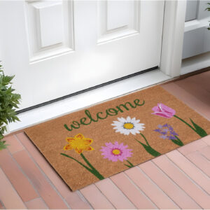 17" X 29" Natural Pink and Green Coir Floral Welcome Outdoor Door Mat