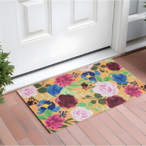 24" X 36" Natural Pink and Green Coir Floral Outdoor Door Mat