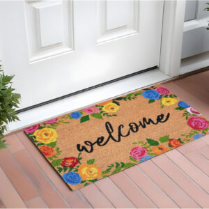24" X 36" Natural and Black Coir Floral Welcome Outdoor Door Mat