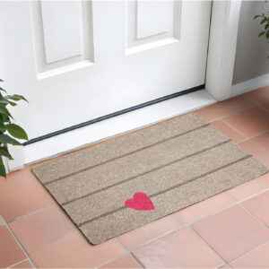 17" X 29" Gray and Pink Coir Heart and Stripe Outdoor Door Mat