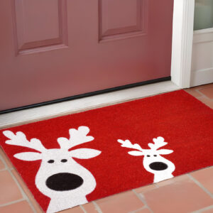 17" X 29" Red and White Coir Reindeer Outdoor Christmas Door Mat