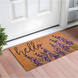 17" X 29" Natural Black and Purple Coir Floral Hello Outdoor Door Mat