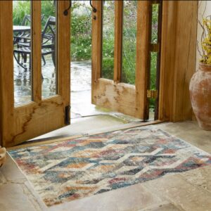 2' X 3' Beige Blue and Gray Geometric Distressed Area Rug With Fringe