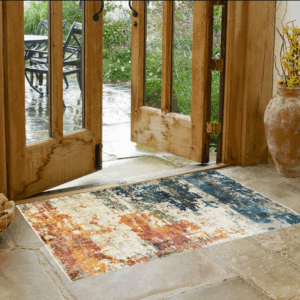 2' X 3' Beige Blue and Ivory Abstract Distressed Area Rug With Fringe