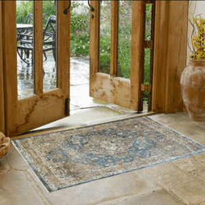 2' X 3' Blue and Brown Oriental Distressed Area Rug With Fringe