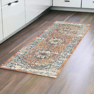 8' Rust Oriental Distressed Runner Rug With Fringe