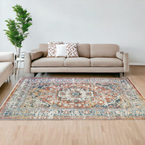 9' X 13' Rust Oriental Distressed Area Rug With Fringe