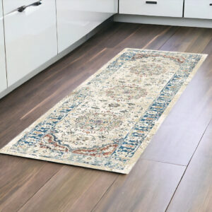 8' Ivory Blue and Gray Oriental Distressed Runner Rug With Fringe