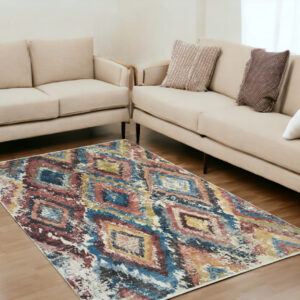 5' X 8' Blue Geometric Distressed Area Rug With Fringe