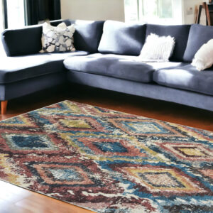 9' X 13' Blue Geometric Distressed Area Rug With Fringe