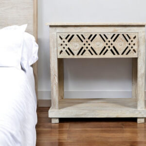 28" White Solid Wood Distressed Carved Geometric One Drawer Nightstand