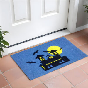 18" X 30" Blue and Black Coir Spooky House Outdoor Halloween Door Mat