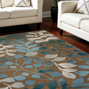 7' X 9' Blue and Brown Botanical Leaves Area Rug