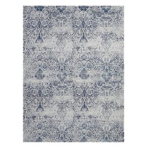 8' X 10' Navy Blue And Ivory Damask Distressed Area Rug