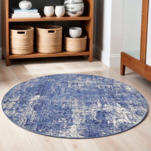 5' Ivory and Blue Abstract Distressed Round Rug