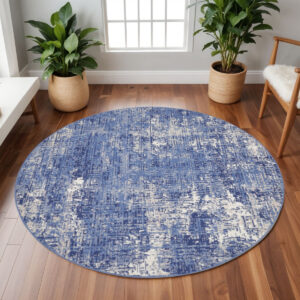 8' Ivory and Blue Abstract Distressed Round Rug