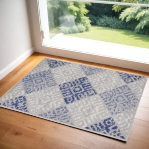 2' X 3' Beige Blue and Gray Geometric Area Rug