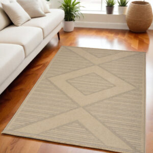 5' X 7' Natural And Beige Geometric Flatweave Non Skid Area Rug With Fringe