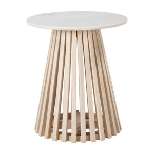 20" White and Natural Distressed Marble and Solid Wood Round Pedestal End Table