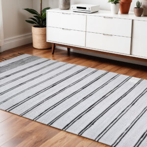 4' X 6' Black And White Striped Hand Woven Washable Area Rug With Fringe