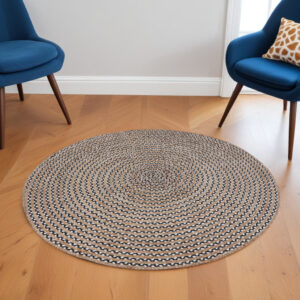6' Natural And Black Jute Vermicular Hand Woven Round Rug