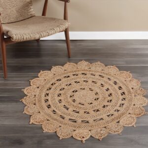 4' Natural Jute Floral Medallion Hand Braided Round Rug