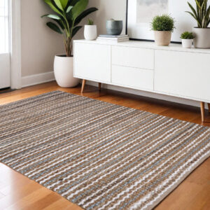 4' X 6' Brown White And Gray Jute Striped Hand Woven Area Rug